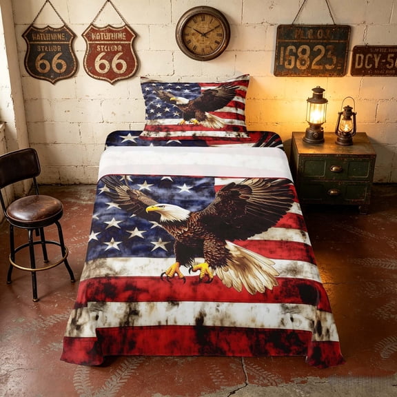 Manfei Vintage American Flag Twin Sheets, Bald Eagle Bedding, Red White Blue, Black Reversible 3-Piece (1 Flat Sheet, 1 Fitted Sheet and 1 Pillowcase)