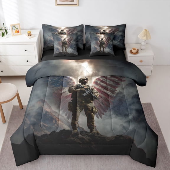 Manfei Vintage American Flag Wings 7-Piece Twin Bedding,Patriotic Soldier Bedding Comforter Set,Navy,Black Reversible