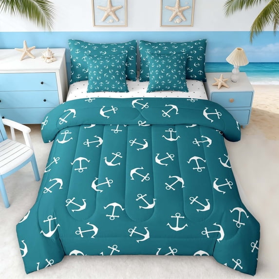 Manfei Vintage Anchor Bedding Comforter Set for Kids Boys and Girls, Turqoise White Nautical Theme Full Bedding Set, Reversible 7-Piece
