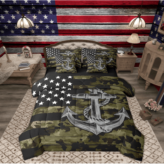 Manfei Vintage Anchor Bedding Twin Size, American Flag Bed Set, Army Camouflage Reversible Bedding Sets Twin Size, Microfiber Bedroom Decoration, 7pcs