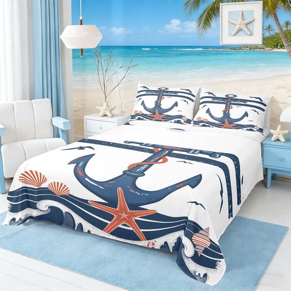 Manfei Vintage Anchor Full Size Sheets for Kids Boys and Girls, Nautical Print Bed Sheets 4pcs, 1 Flat Sheet, 1 Fitted Sheet and 2 Pillowcases