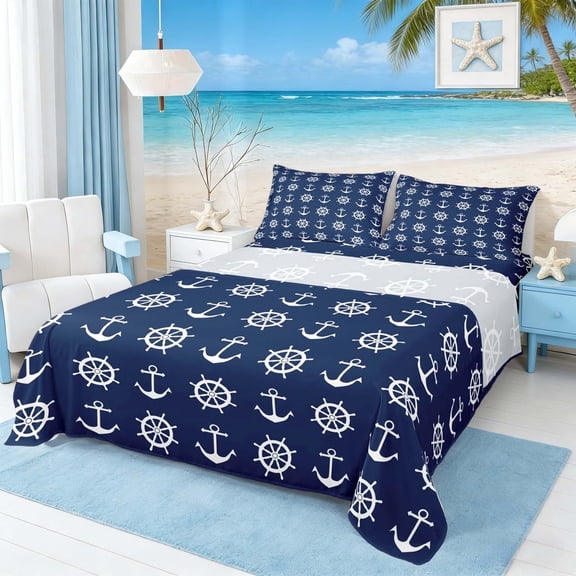 Manfei Vintage Anchor Queen Sheet Sets for Kids Boys and Girls, White Navy Nautical Theme Bed Set 4 Pieces, 1 Flat Sheet, 1 Fitted Sheet and 2 Pillowcases