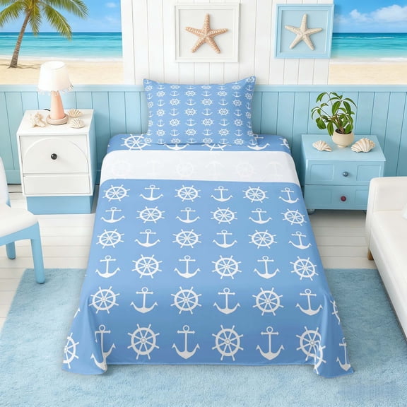 Manfei Vintage Anchor Rudder Twin Sheet Sets for Kids Boys and Girls, White Blue Nautical Theme Bedding 3pcs, 1 Flat Sheet, 1 Fitted Sheet and 1 Pillowcase