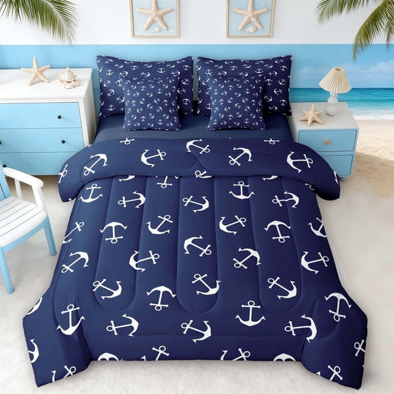 Manfei Vintage Anchor Twin Bedding Sets for Kids Boys and Girls, Navy White Nautical Theme Bedding Comforter Set, Navy Reversible 7 Pieces