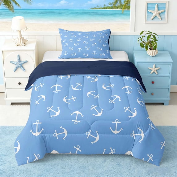 Manfei Vintage Anchor Twin Comforter Sets for Kids Boys and Girls, Blue WhiteNautical Theme Bedding Set, Navy Reversible 2pcs, 1 Comforter and 1 Pillowcase