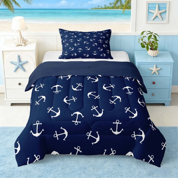 Manfei Vintage Anchor Twin Comforter Sets for Kids Boys and Girls, Navy White Nautical Theme Bedding Set, Navy Reversible 2 Pieces, 1 Comforter and 1 Pillowcase
