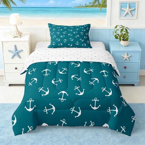 Manfei Vintage Anchor Twin Comforter Sets for Kids Boys and Girls, Turqoise White Nautical Theme Bedding Set, Reversible 2-Piece, 1 Comforter and 1 Pillowcase