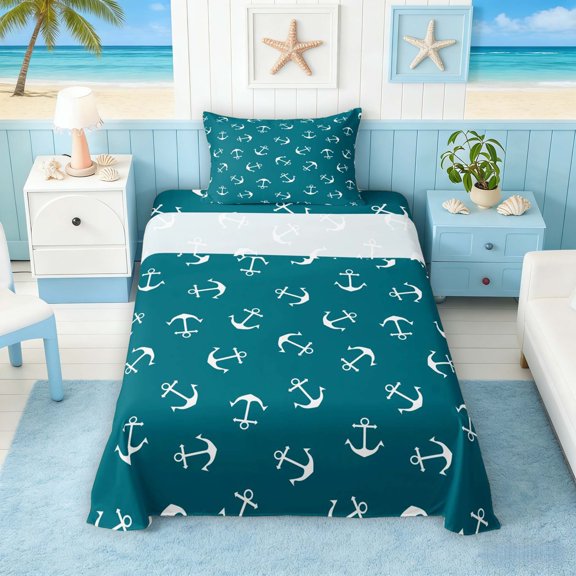 Manfei Vintage Anchor Twin Sheet Sets for Kids Boys and Girls, Turqoise White Nautical Theme Bedding 3-Piece, 1 Flat Sheet, 1 Fitted Sheet and 1 Pillowcase