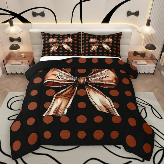 Manfei Vintage Art Bowknot Full Size Comforter Sets for Kids, Chic Fashion Polkadot Bedding Comforter Set, Rugby Football Print Reversible Bedding Sets, Microfiber Bedroom Decor, 3pcs