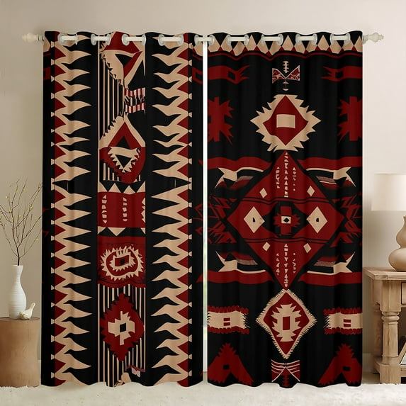 Manfei Vintage Aztec Adult Curtains Pack of 2 (42x84 Each), Black Red Bohemian Abstract Curtains Blackout, Tribal Western Theme Bedroom Curtains, Window Curtains Bedroom Decor