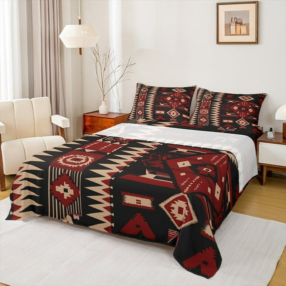 Manfei Vintage Aztec Adult Full Size Sheets, Black Red Bohemian Abstract Bed Sheets, Tribal Western Theme Sheet Sets, Luxury Bedroom Decor, 4pcs