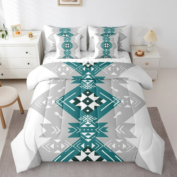 Manfei Vintage Aztec Bedding Comforter Set 7-Piece,Cyan Geometric Pattern King Bedding Sets,Boho Theme Bed Sheets,Super Cozy Room Decor Reversible