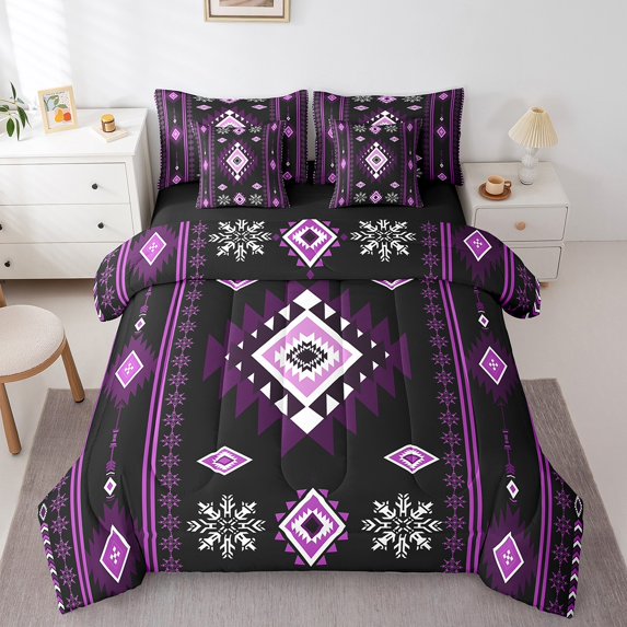 Manfei Vintage Aztec Bedding Comforter Set 7pcs,Pink Geometric Pattern Queen Bedding Sets,Boho Theme Queen Sheet Sets,Super Cozy Room Decor Reversible