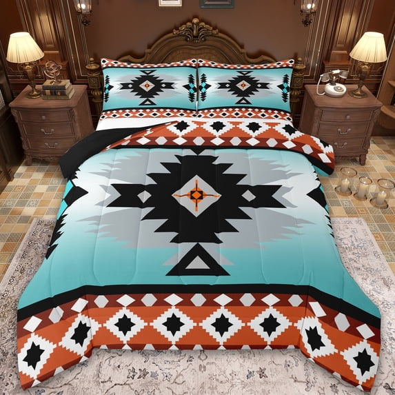 Manfei Vintage Aztec Bedding Comforter Set,Blue Geometric Pattern Twin Comforter Sets,Boho Theme Bedding Set,Super Cozy Room Decor Reversible,2-Piece