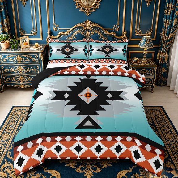 Manfei Vintage Aztec Bedding Comforter Set,Blue Geometric Pattern Twin Comforter Sets,Boho Theme Bedding Set,Super Cozy Room Decor Reversible,2-Piece