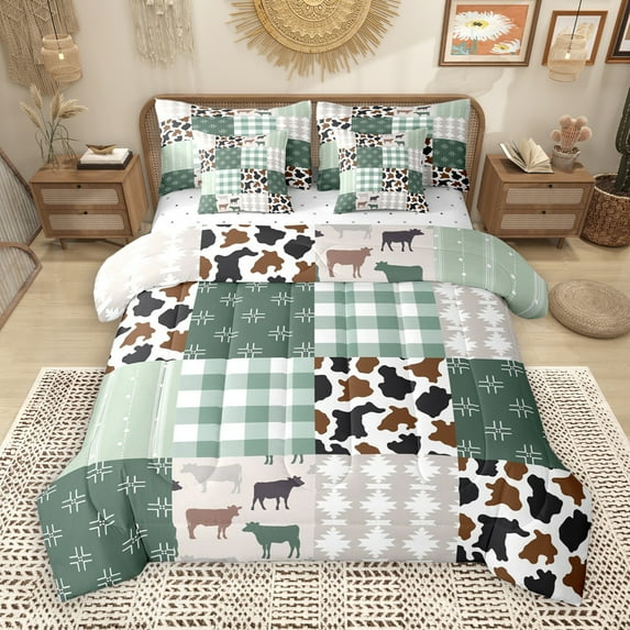 Manfei Vintage Aztec Boho 7 Pieces Bedding Comforter Set,Rustic Farmhouse Cabin Full Bedding Set,Green Patchwork Checkered Fitted Sheet Flat Sheet For Child,Super Cozy Room Decor Reversible