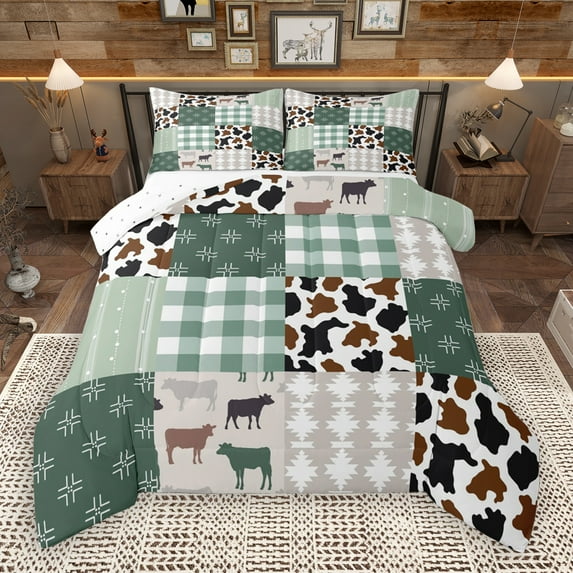 Manfei Vintage Aztec Boho Full Size Comforter Sets,Rustic Farmhouse Cabin Bedding Comforter Set,Green Patchwork Checkered Bedding Sets For Child,Super Cozy Room Decor Reversible,3 Pieces