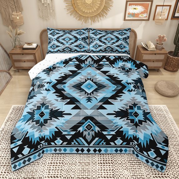 Manfei Vintage Aztec Print Bedding Comforter Set,Rustic Farmhouse Cabin Twin Comforter Sets,Black Gray Blue Bedding Set For Adults,Luxury Bedroom Decor Reversible,2 Pieces