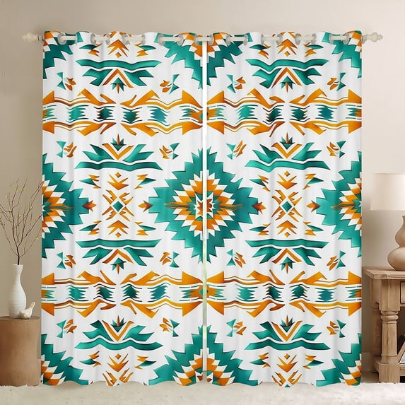 Manfei Vintage Aztec Print Blackout Curtains Set of 2 (52x84 Each),Rustic Farmhouse Cabin Window Curtains,White Cyan Orange Curtains and Drapes For Adults,Luxury Bedroom Decor