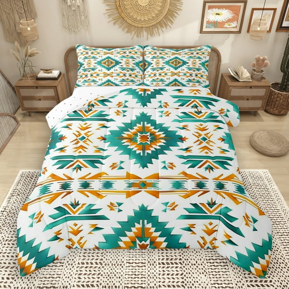 Manfei Vintage Aztec Print Queen Comforter Set,Rustic Farmhouse Cabin Bedding Sets,White Cyan Orange Bedding Comforter Set For Adults,Luxury Bedroom Decor Reversible,3 Pieces
