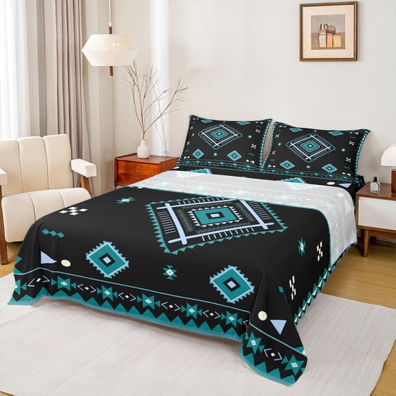 Manfei Vintage Aztec Rhombus Bed Sheets,bohemian Exotic Style King Sheets,Cyan Black Sheet Set For Adults,Microfiber Bedroom Decor,4pcs