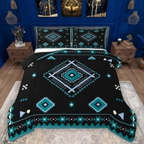 Manfei Vintage Aztec Rhombus Bedding Comforter Set,bohemian Exotic Style Twin Comforter Sets,Cyan Black Bedding Set For Adults,Microfiber Bedroom Decor Reversible,2pcs