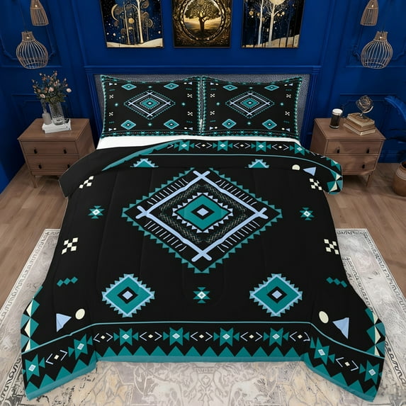 Manfei Vintage Aztec Rhombus Bedding Comforter Set,bohemian Exotic Style Twin Comforter Sets,Cyan Black Bedding Set For Adults,Microfiber Bedroom Decor Reversible,2pcs