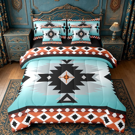 Manfei Vintage Aztec Twin Bedding Sets 7-Piece,Blue Geometric Pattern Bedding Comforter Set 7-Piece,Boho Theme Sheet Sets,Super Cozy Room Decor Reversible