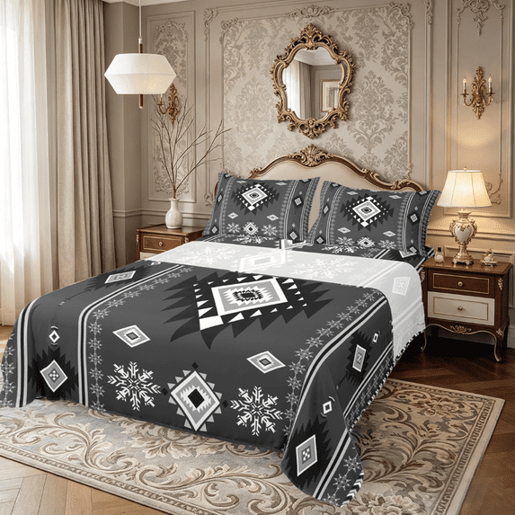 Manfei Vintage Aztec Twin Sheet Sets,Black Geometric Pattern Twin Fitted Sheet,Boho Theme Flat Sheet,Super Cozy Room Decor,3 Pieces