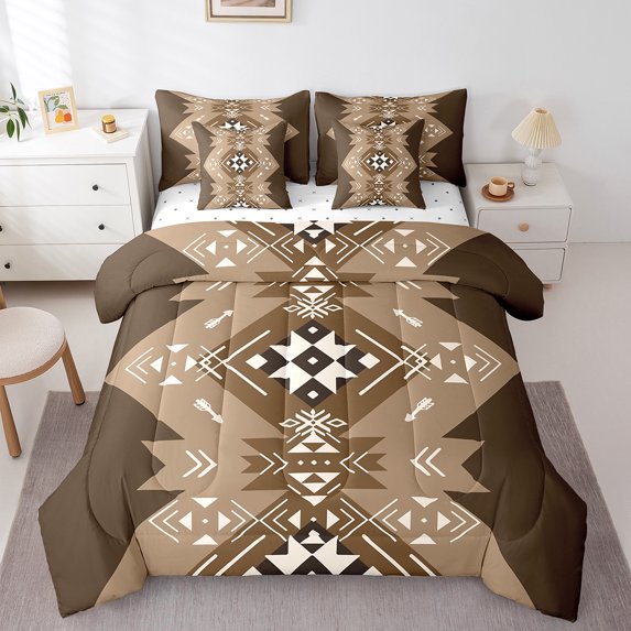 Manfei Vintage Aztec print Bedding Comforter Set 7pcs,Brown Geometric Pattern King Bedding Sets,Boho Theme Bed Sheets,Super Cozy Room Decor Reversible