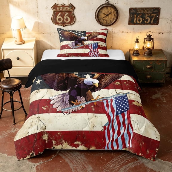 Manfei Vintage Bald Eagle Twin Comforter Sets, Distressed US Flag Bedding Set, Red White Blue, Black Reversible 2-Piece, 1 Comforter and 1 Pillowcase