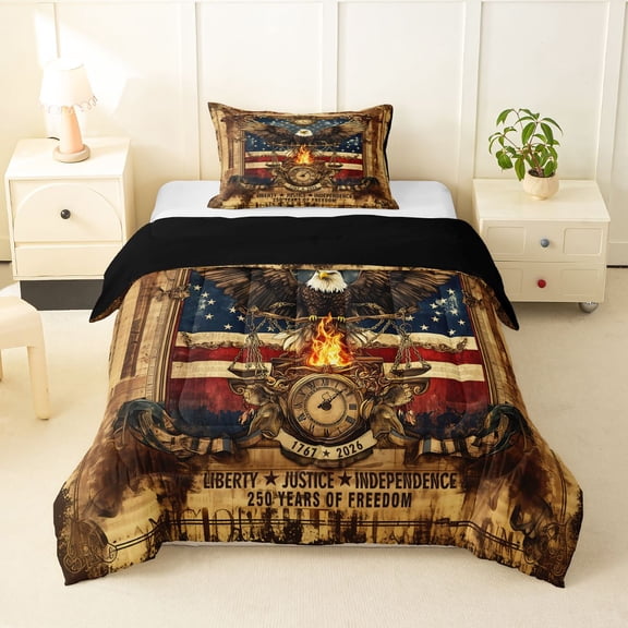 Manfei Vintage Bald Eagle Twin Comforter Sets,Patriotic Theme Bedding Set,Brown,Black Reversible,2pcs,1 Comforter and 1 Pillowcase