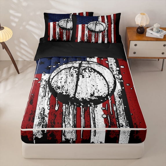 Manfei Vintage Basketball Zipper Queen Comforter Set with Fitted Sheet and 2 Pillowcases,Classic Us Flag Striped Zipper Bedding Set,Red White,Black Reversible,4pcs