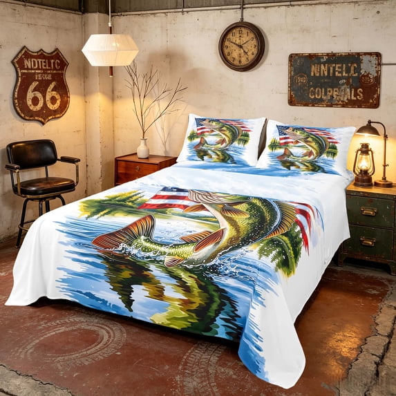 Manfei Vintage Bass Fish Bed Sheets, Patriotic USA Flag Full Size Sheets, Green Red Blue Lake House Decor, Navy Reversible 4 Pieces (1 Flat Sheet, 1 Fitted Sheet and 2 Pillowcases)