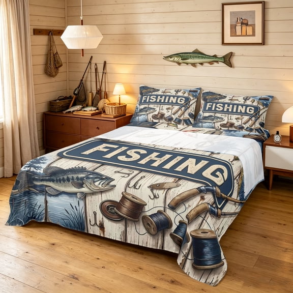 Manfei Vintage Bass Fish Queen Sheets, Lake Landscape Queen Sheet Sets, Navy Brown, 4 Pieces, 1 Flat Sheet, 1 Fitted Sheet and 2 Pillowcases