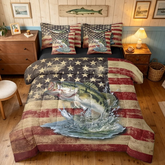 Manfei Vintage Bass Fish Twin Bedding, Rustic American Flag Bedding Comforter Set, Red Navy Beige, Black Reversible, 7pcs