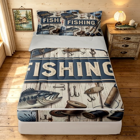 Manfei Vintage Bass Fish Zipper Twin Comforter Sets with Fitted Sheet and 2 Pillowcases, Lake Landscape Zipper Bedding Set, Navy Brown, Gray Reversible, 4 Pieces