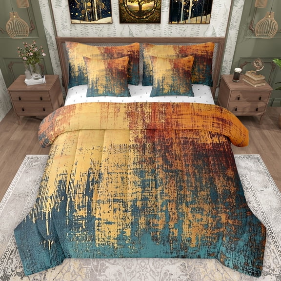 Manfei Vintage Batik Aesthetic 7 Pieces Bedding Comforter Set,Retro Abstract Watercolor Full Bedding Set,Teal Orange Fitted Sheet Flat Sheet For Kids,Super Cozy Room Decor Reversible