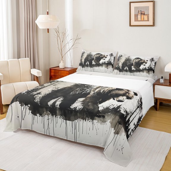 Manfei Vintage Bear Bed Sheets 4pcs, Woodland Animal King Sheets, Grunge Watercolor Wildlife Sheet Set, Luxury Bedroom Decor