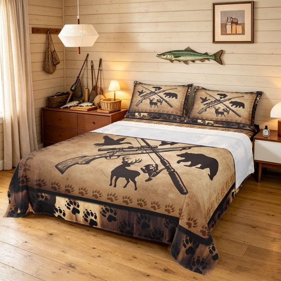 Manfei Vintage Bear Deer King Sheets, Woodland Fishing Bedding, Tan, 4pcs, 1 Flat Sheet, 1 Fitted Sheet and 2 Pillowcases