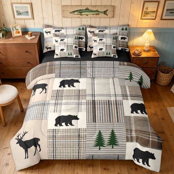 Manfei Vintage Bear Full Size Bedding Sets, Old Fashion Buffalo Full Size Bed in a Bag, White Gray, Black Reversible, 7 Pieces