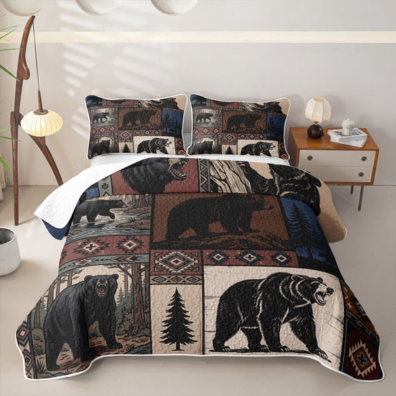 Manfei Vintage Bear Grid Quilt Full,Pine Grove Pattern Full Bedspread Sets,Brown,3pcs