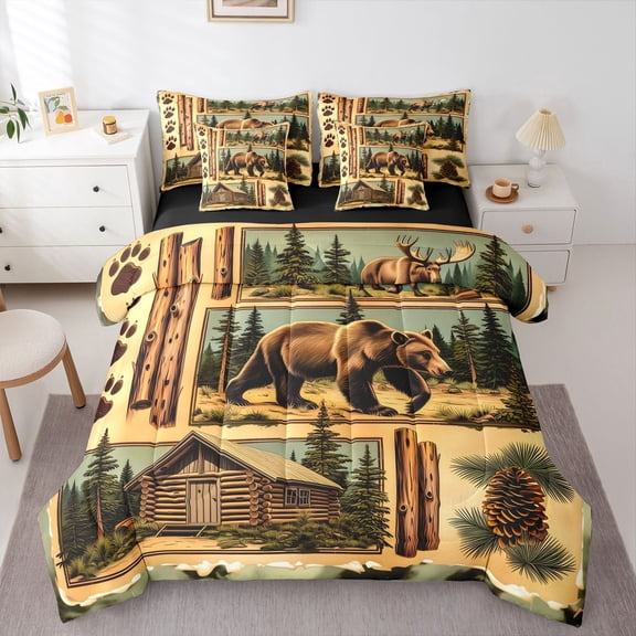 Manfei Vintage Bear Patch 7 Pieces Full Size Bedding Sets,Wooded Pine Grove Print Full Size Bed in a Bag,Brown,Black Reversible