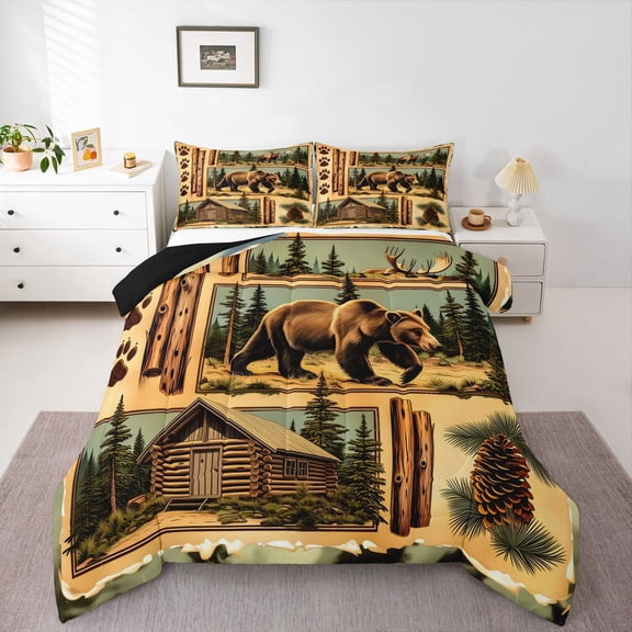 Manfei Vintage Bear Patch Queen Comforter Set,Wooded Pine Grove Print Comforter Sets Queen,Brown,Black Reversible,3 Pieces,1 Comforter and 2 Pillowcases