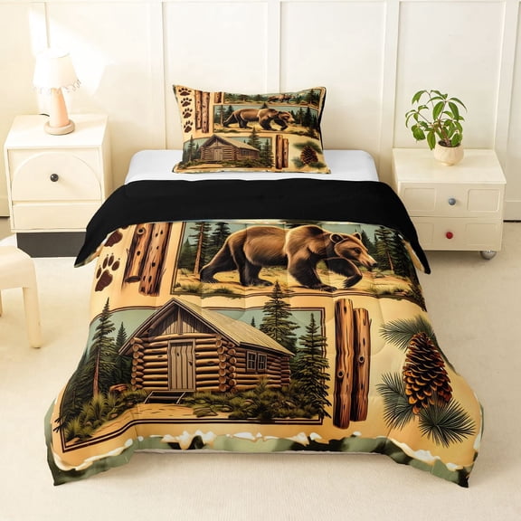 Manfei Vintage Bear Patch Twin Comforter Sets,Wooded Pine Grove Print Bedding Set,Brown,Black Reversible,2pcs,1 Comforter and 1 Pillowcase