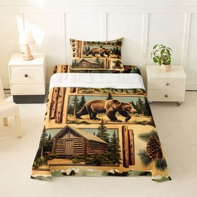 Manfei Vintage Bear Patch Twin Sheets,Wooded Pine Grove Print Bedding,Brown,3pcs,1 Fitted Sheet and 1 Pillowcase