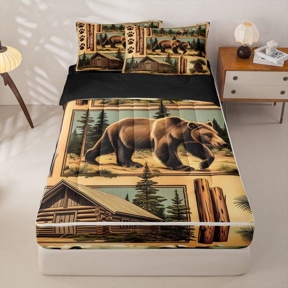 Manfei Vintage Bear Patch Zipper Twin Comforter Sets with Fitted Sheet and 2 Pillowcases,Wooded Pine Grove Print Zipper Bedding Set,Brown,Black Reversible,4pcs