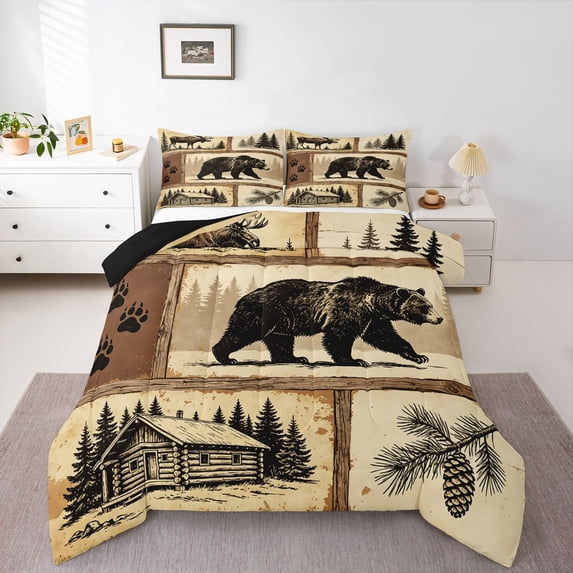 Manfei Vintage Bear Queen Comforter Set,Jungle Animals Comforter Sets Queen,Brown,Black Reversible,3pcs,1 Comforter and 2 Pillowcases