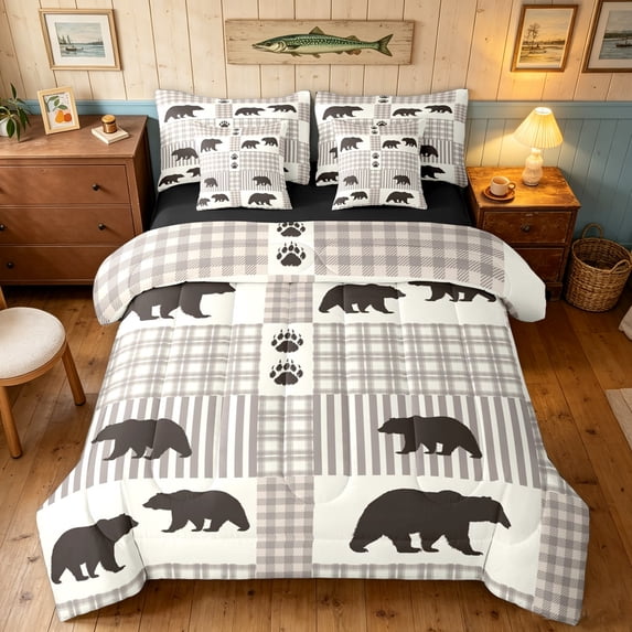 Manfei Vintage Bear Twin Bedding, Rustic Wildlife Plaid Bedding Comforter Set, White Brown, Black Reversible, 7-Piece
