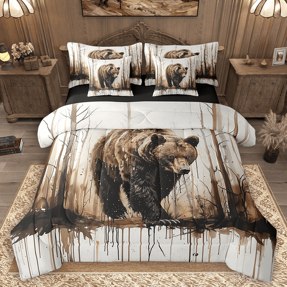 Manfei Vintage Bear Twin Bedding Sets 7pcs, Woodland Animal Bedding Comforter Set, Grunge Watercolor Wildlife Sheet Sets, Ultra Soft Home Decor